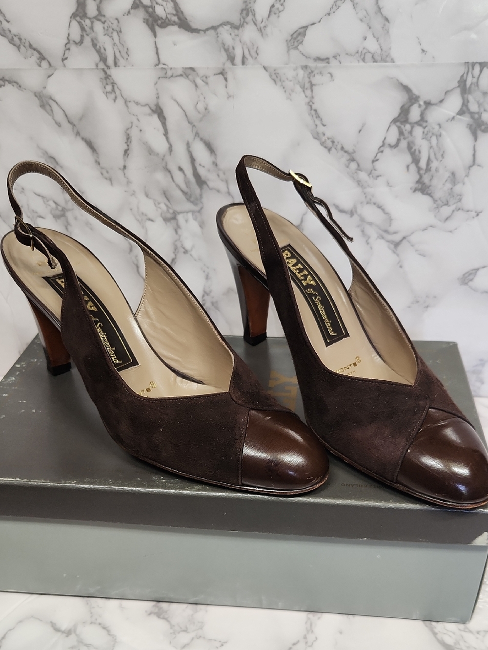 Bally Dark Brown Leather & Suede Slingback Heels